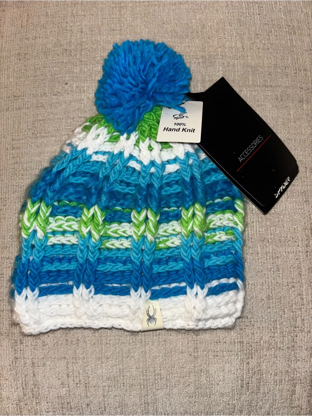 Spyder Bitsy Mosaic OS Children’s Beanie Hat NWT Hand Knit Pom Pom Blue Green